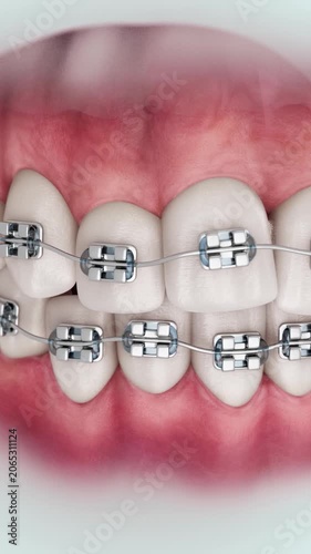 3D dental animation demonstrating how braces correct tooth alignment. Realistic orthodontic visualization suitable for healthcare and educational content.