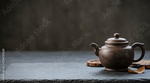 Traditional ceramic teapot on a dark stone surface with copy space