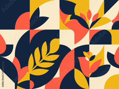 Abstract Geometric Floral Pattern with Mid-Century Modern Vibes. Bauhaus Inspired Botanical Art in Navy, Coral, and Yellow.