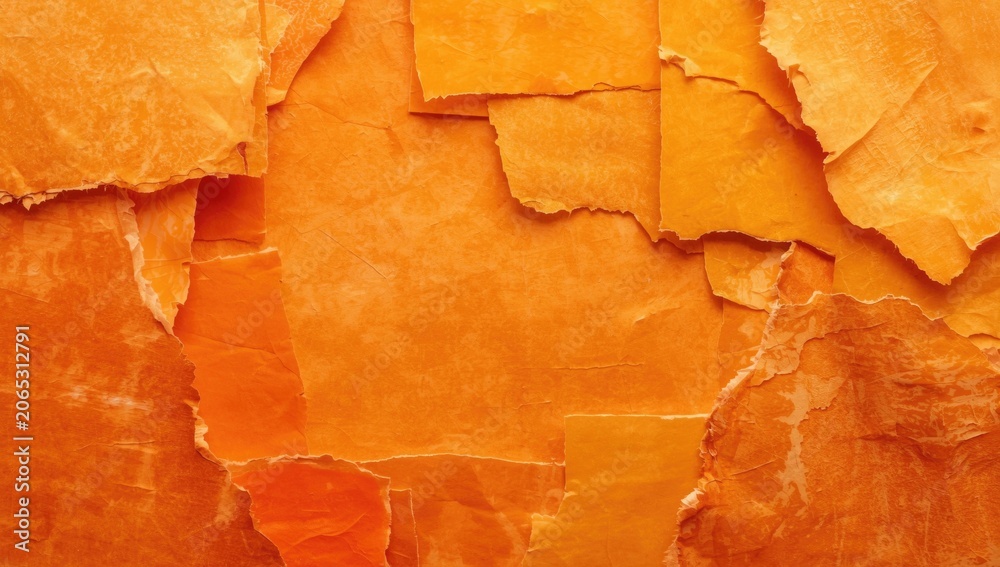 Fototapeta premium Orange art paper collage backdrop featuring layered torn sheets and gentle daylight