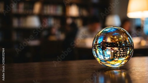 Crystal ball reflecting a library interior on a wooden surface