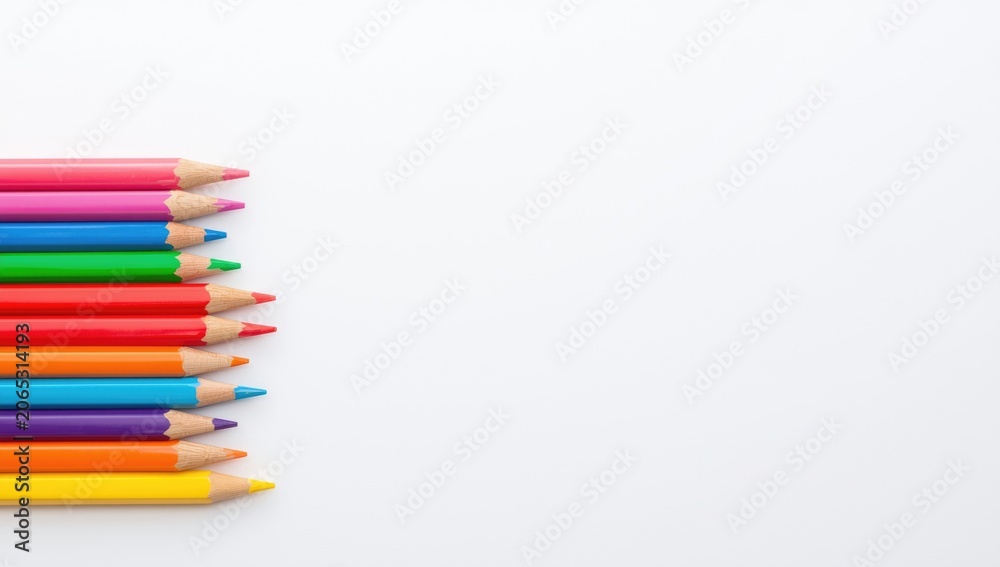 Fototapeta premium Stacked bright color pencils on simple white background with copy space supporting art learning in kids