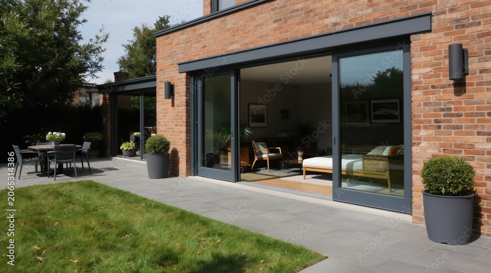 Fototapeta premium Modern brick home exterior with open patio and large glass doors leading to interior living space. Outdoor dining area with seating and green lawn adjacent to garden plants.