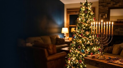 Hanukkah menorah and christmas tree in a cozy home setting