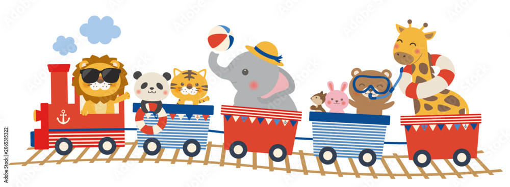 Fototapeta premium 【ベクター】動物汽車の夏イラスト（線路あり・マリンカラー・手描き販促素材）