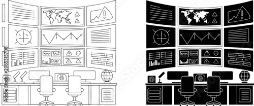 Control room with multiple monitors showing world map and data charts analysis, chart