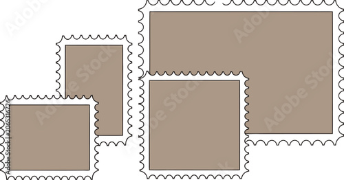 Four overlapping postage stamps with perforated edges and brown fill. postage stamp