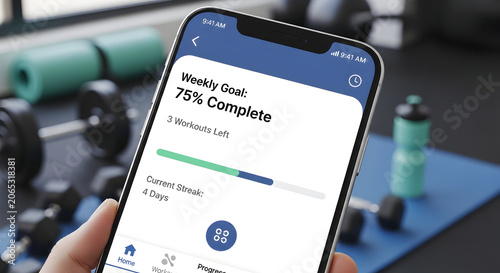 Achieve your fitness goals with this progress tracking app displayed on a smartphone surrounded by gym equipment