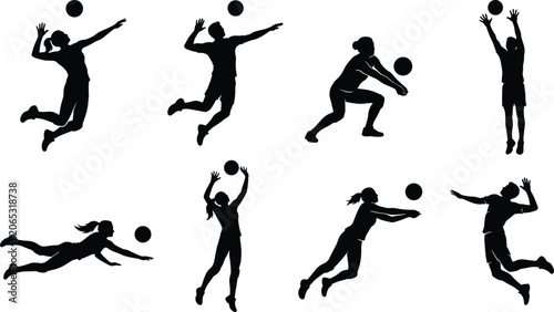 Volleyball Player Action Silhouette Collection with Serving Spiking Blocking and Diving