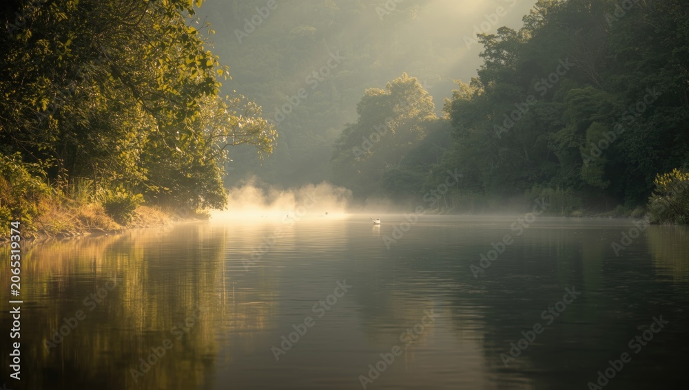 Fototapeta premium Still river bordered by thriving greenery illuminated by misty dawn rays