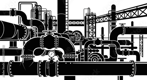 Tablou pe pânză Industrial piping and machinery complex black and white silhouette pipes