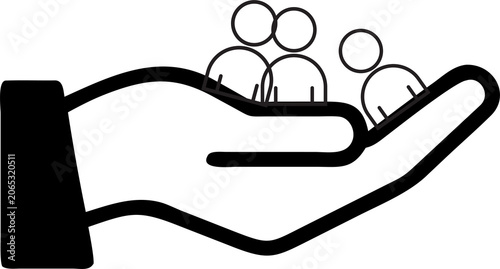  distinct icons depict caring hands supporting a group of three stylized human figures, symbolizing community and protection.