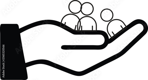 Two distinct icons depict caring hands supporting a group of three stylized human figures, symbolizing community and protection.