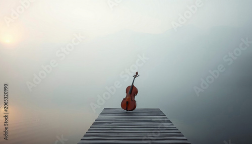 A lone cello on a wooden pier by a quiet lagoon on a foggy morning