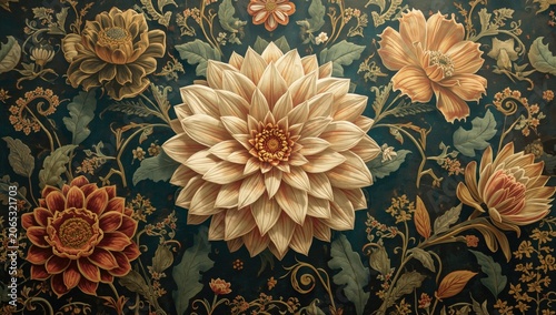 Floral pattern with large dahlia and other flowers on dark background