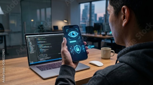 Fototapeta Programmer scanning eye for mobile biometric identification multi factor authentication cyber security