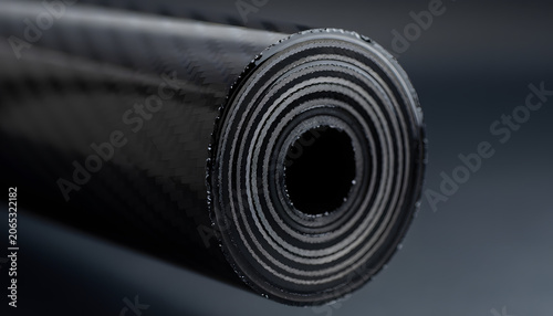 Macro view of a tightly coiled black rubber industrial mat roll. Conveys manufacturing scale and flexible materials, perfect for factory production reports, roofing supply, and insulation tech