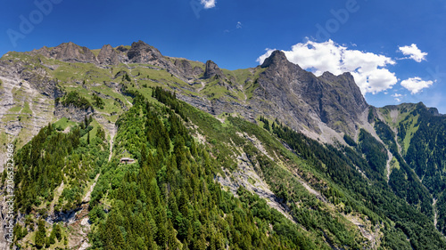Obraz na plátně panorama drone view of the mountains above the Swis Heidi village of Maienfeld w