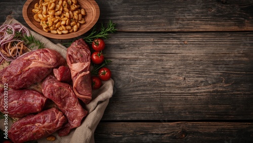 Keto and paleo appropriate minced meats including chicken, pork, beef, and lamb on rustic wooden background with copy space