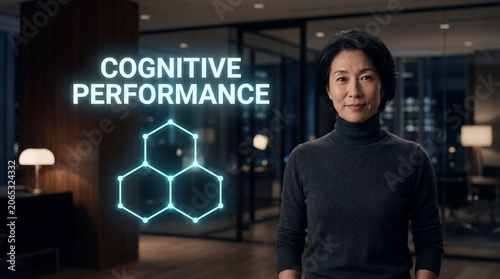 Confident middle-aged Asian woman standing beside a glowing cognitive performance hologram in a modern office