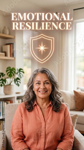 Mature Latino woman sitting at home smiling with emotional resilience shield symbol overhead