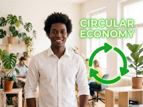 Young African man smiling in green office promoting circular economy and sustainability