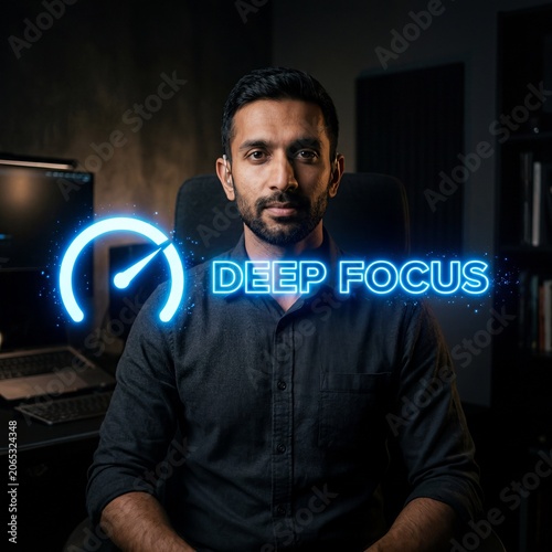 Young South Asian man with hearing aid sits focused at dark home office with glowing deep focus gauge