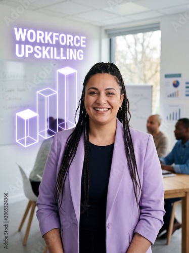 Confident middle-aged Middle Eastern businesswoman smiling in office with workforce upskilling hologram chart