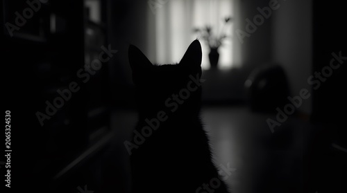 A black cat sits in a dark room with a window in the background