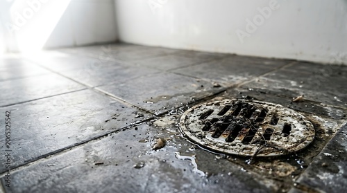 Clogged floor drain with grime and debris on tiled surface