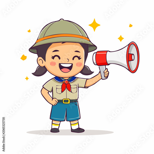 Cartoon Scout Girl Holding Megaphone