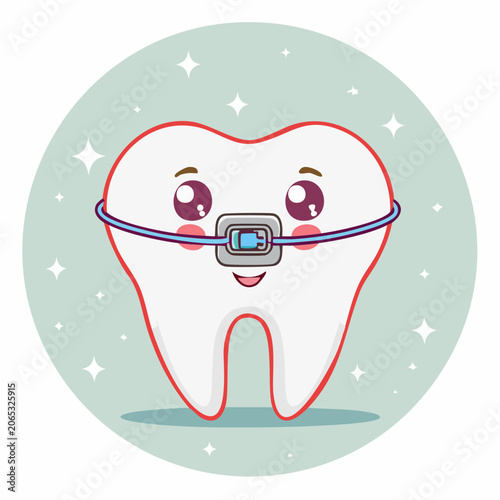 Cute Cartoon Tooth with Braces Smiling