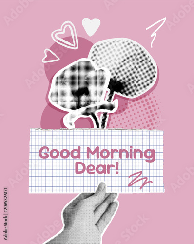 Poppies and Hand holding Paper Sheet on Pink Background Banner. Pop Art Good Morning Collage
