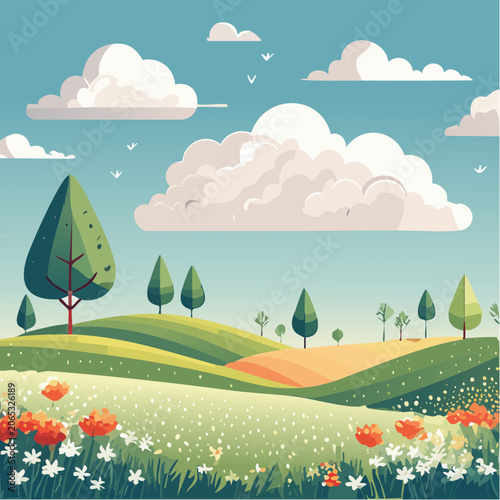 Stylized Spring Landscape with Rolling Hills and Wildflowers