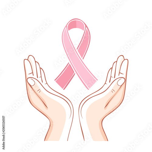 Hands holding pink awareness ribbon illustration