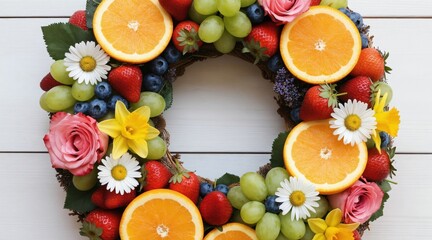 Edible fruit wreath made with oranges strawberries grapes blueberries and flowers. Beautiful edible art decoration for spring summer or special occasions like Mother Day.