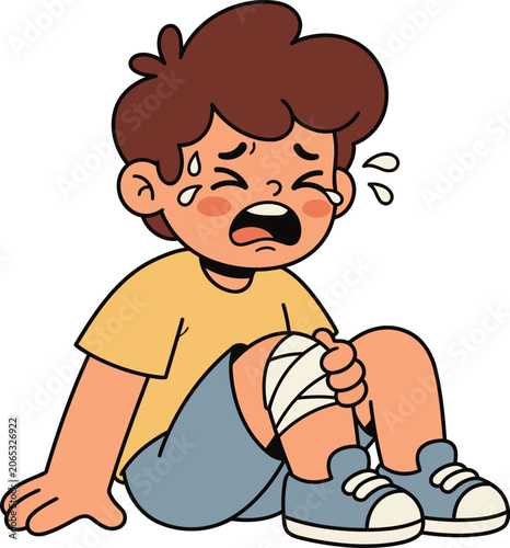 Crying Injured Boy with Knee Bandage Cartoon Child First Aid Vector Illustration.