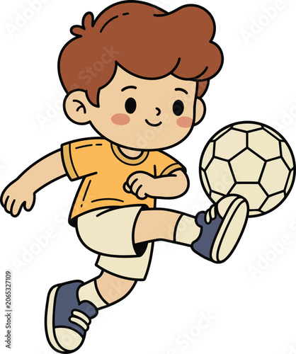 Cute boy playing soccer cartoon vector illustration kicking a football. Cheerful child character perfect for sports, recreation and outdoor activity themes.