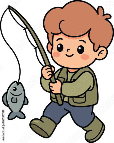 Cute boy fishing cartoon vector illustration holding a fishing rod and catching a fish. Cheerful child character perfect for outdoor, recreation and fishing themes.