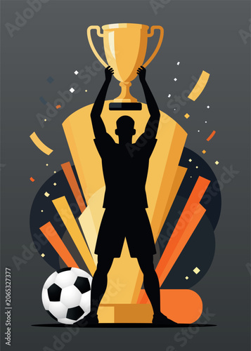 Soccer player silhouette holding champion trophy cup for 2026 world championship tournament