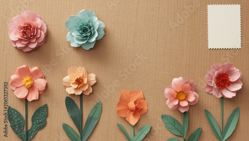 Colorful paper flowers arranged on a brown background
