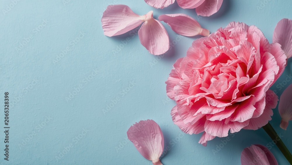 Fototapeta premium Pink carnation flower with fallen petals on blue background