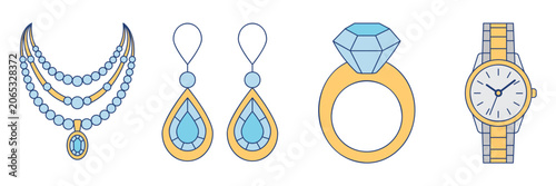 Billede på lærred Luxury Jewelry Icon Set with Pearl Necklace, Crystal Earrings, Gold Diamond Ring