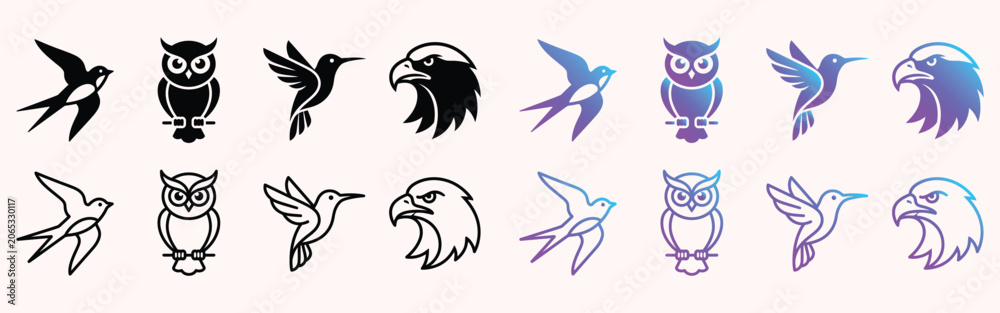 Fototapeta premium animal bird icon collection with outline and gradient vector style for design projects