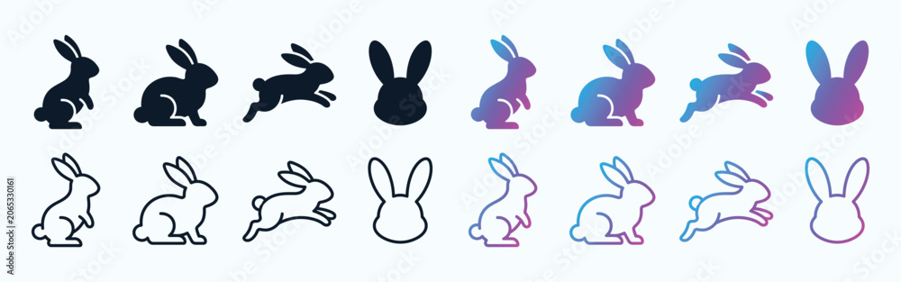 Obraz premium animal rabbit silhouette icon set with outline and gradient variations for design use