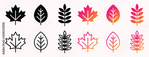 Obraz na plátně botany icon collection with leaf silhouettes in black and pink vector outline st