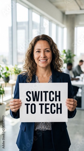 Smiling middle-aged latina businesswoman holding a switch to tech sign in a modern office