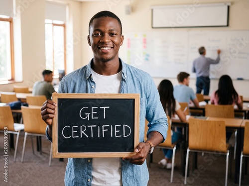 Smiling young African man holding a get certified chalkboard sign in a busy classroom