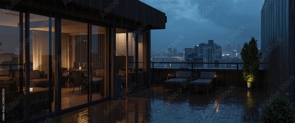 Obraz premium Modern rooftop terrace with city view during rain at dusk