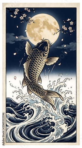 Golden Koi Fish Leaping Toward Full Moon Japanese Wave Art Night Scene